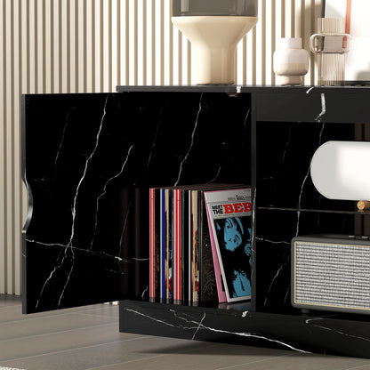 HOMCOM TV Stand Cabinet, Marble Effect TV Unit for up to 55" TVs with Glass Shelf and Storage Cabinet, Entertainment Unit for Living Room, Bedroom, Black