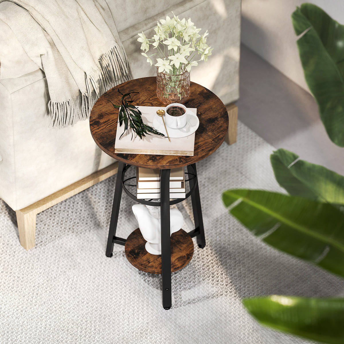 HOMCOM Small Round Side Table with 3 Storage Shelves - Rustic Brown