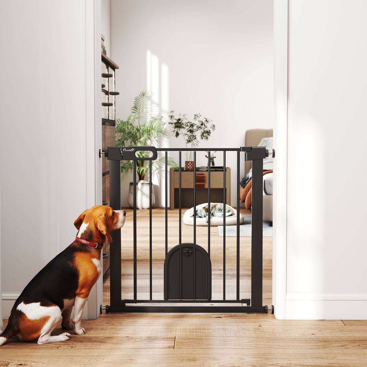 PawHut Dog Gate with Cat Flap Pet Safety Gate Barrier, Stair Pressure Fit, Auto Close, Double Locking, 75-82 cm Black