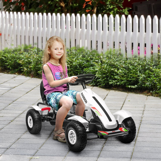 HOMCOM Pedal Go Kart, Kids Ride On Racer with Adjustable Seat, Inflatable Rubber Tyres, Handbrake for Ages 5-12 Years - White