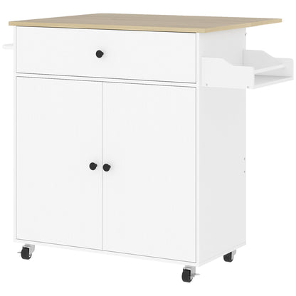 HOMCOM Kitchen Island with Drop Leaf, Rolling Kitchen Storage Trolley on Wheels with Drawer, Spice Rack and Towel Rack, White