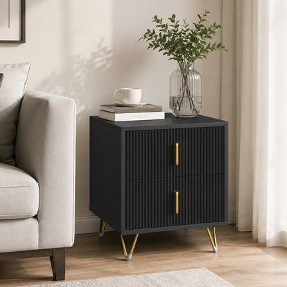 HOMCOM Elegant Fluted Bedside Table - Black/Gold-Tone