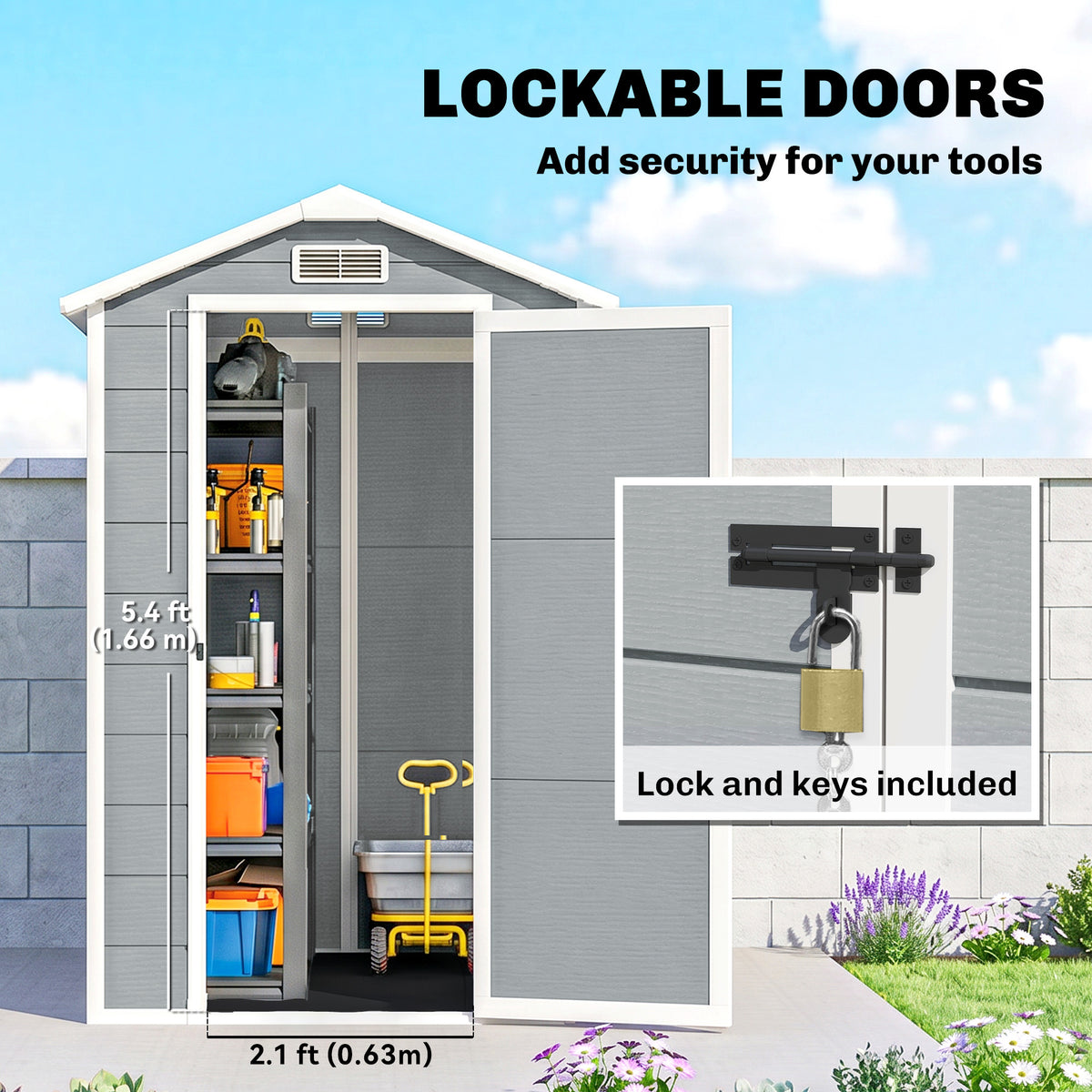 Outsunny 4 x 6ft Garden Shed, Plastic Shed with Floor, Window, Lockable Door and Vents, Resin Tool Shed for Outdoor Patio Storage, Zero Maintenance, Grey