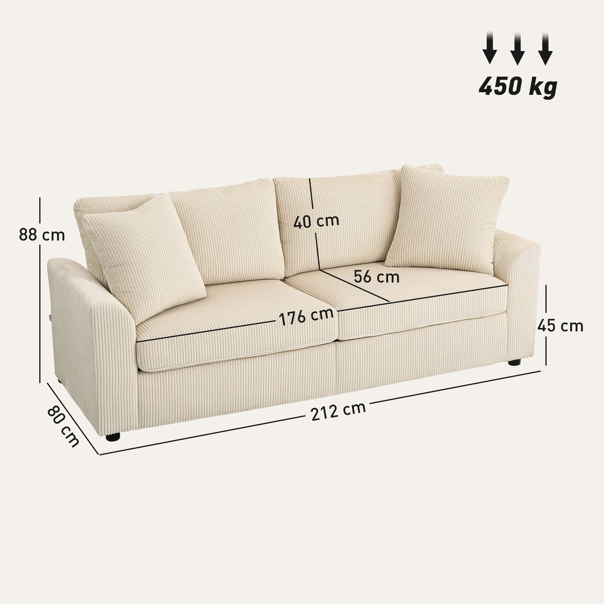 HOMCOM 3 Seater Sofa, 212cm Corduroy Couch with Spring Cushion, Wide and Deep Seat, Plush Backrest, 2 Pillows, Sofa Settee for Living Room, Home Office, Cream White