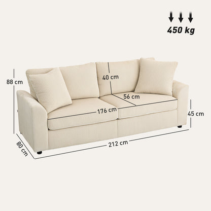 HOMCOM 3 Seater Sofa, 212cm Corduroy Couch with Spring Cushion, Wide and Deep Seat, Plush Backrest, 2 Pillows, Sofa Settee for Living Room, Home Office, Cream White
