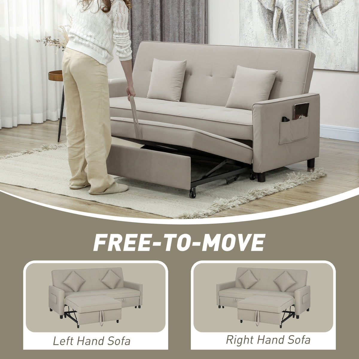 HOMCOM 3 Seater Velvet Sofa Bed, Convertible Pull-Out  Sofa Bed with Adjustable Backrest, Space Saving Living Room Sofa, Beige