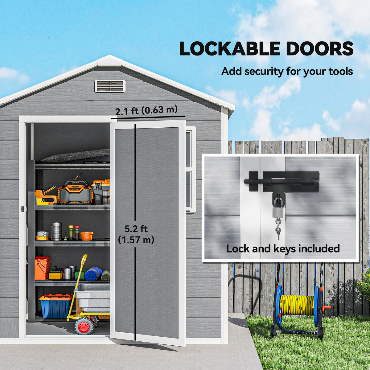 Outsunny 6 x 4ft Plastic Shed with Floor, Wood Effect Resin Garden Shed with Window, Lockable Door, Lock and Keys, Vents, All Weather Resistant for Outdoor, Patio, Lawn, Grey