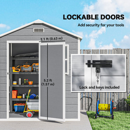 Outsunny 6 x 4ft Plastic Shed with Floor, Wood Effect Resin Garden Shed with Window, Lockable Door, Lock and Keys, Vents, All Weather Resistant for Outdoor, Patio, Lawn, Grey