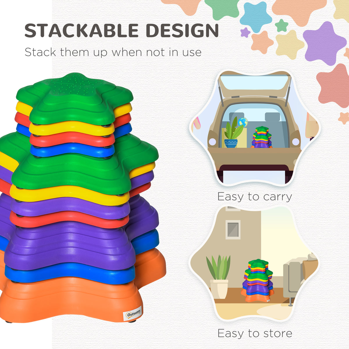 Outsunny 11-Piece Stepping Stones Kids, Starfish Style Non-slip Obstacle Course, Stackable Balance Blocks Garden Toys, Encourage Toddler Sensory Toys Indoor Outdoor - Multicoloured