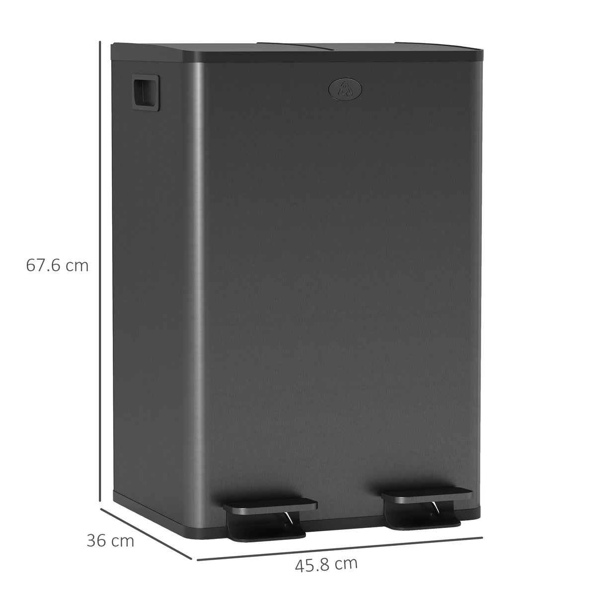 HOMCOM 56L Dual Compartment Stainless Steel Bin, with Deodoriser Holders - Black
