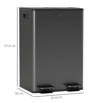 HOMCOM 56L Dual Compartment Stainless Steel Bin, with Deodoriser Holders - Black