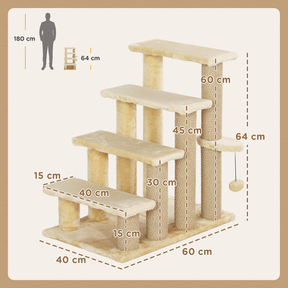 PawHut 4-step Pet Stairs with Scratching Posts, Platforms, Toy Ball, Beige