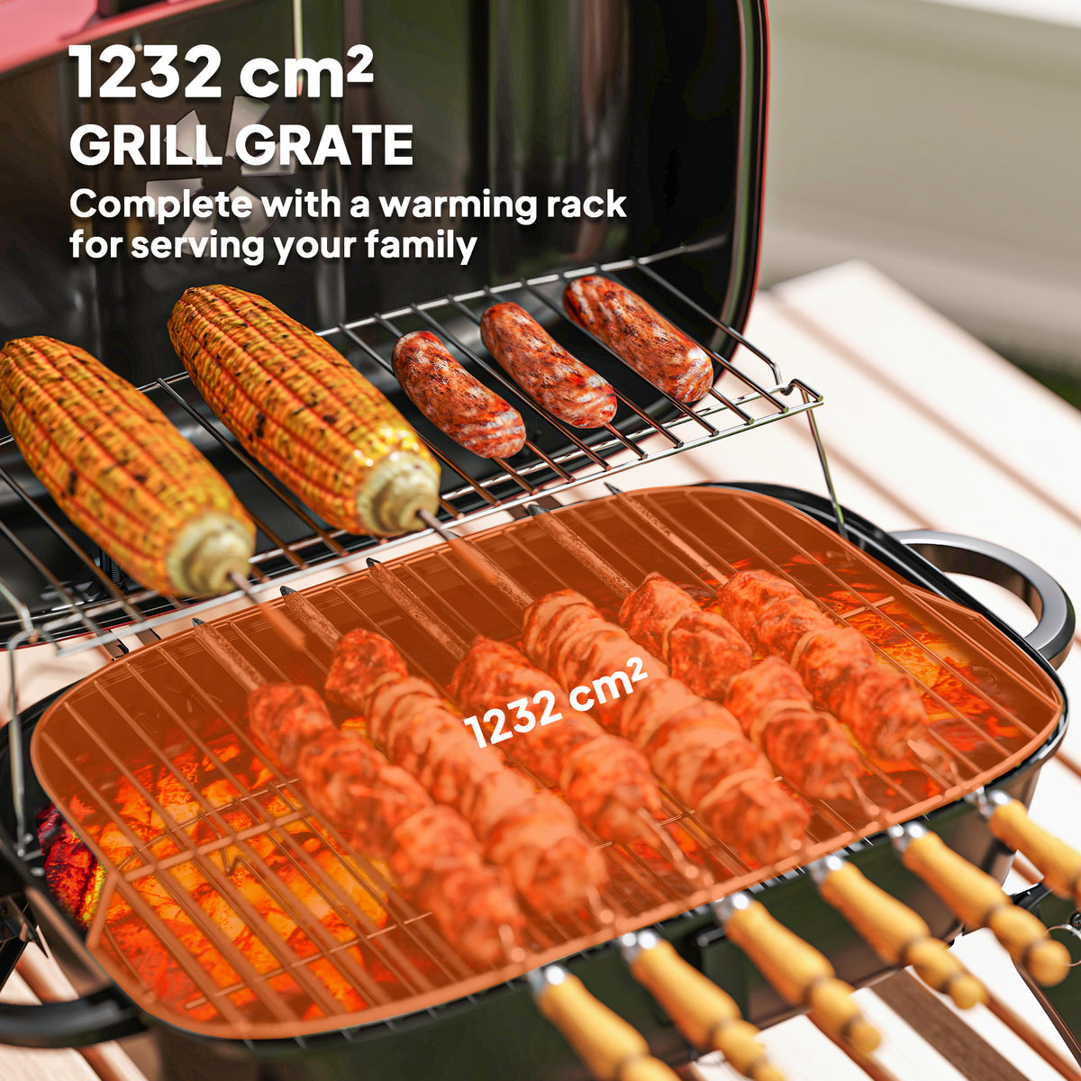 Outsunny Charcoal Barbecue Grill Folding Portable BBQ Grill for Camping with 1232 cm² Cooking Area, Adjustable Vent, Thermometer, Handles for Picnic, 59 x 37 x 36 cm, Red