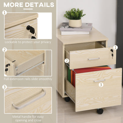 Vinsetto 2-Drawer Locking Office Filing Cabinet w/ 5 Wheels Rolling Storage Hanging A4 Cupboard Home Organisation, Oak Wood Grain