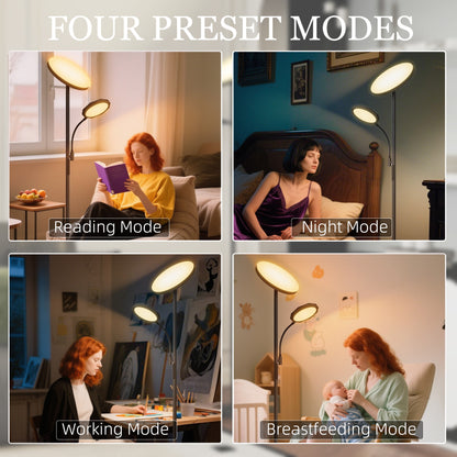 HOMCOM LED Floor Lamp for Living Room, Stepless Dimmable Standing Lamp, Mother and Child Uplighter with Reading Light, 4 Scene Modes, 2700K-6500K Colour Temps, 4 Brightness Levels, Remote Control