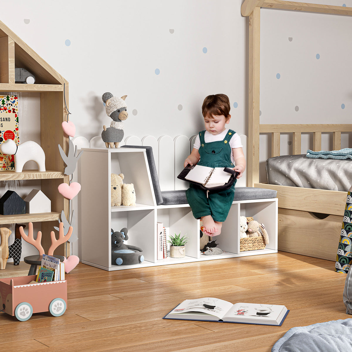 HOMCOM Bookcase Storage Shelf with Cushioned Reading Seat, Bookshelf Storage Cabinet for Study Living Room, White