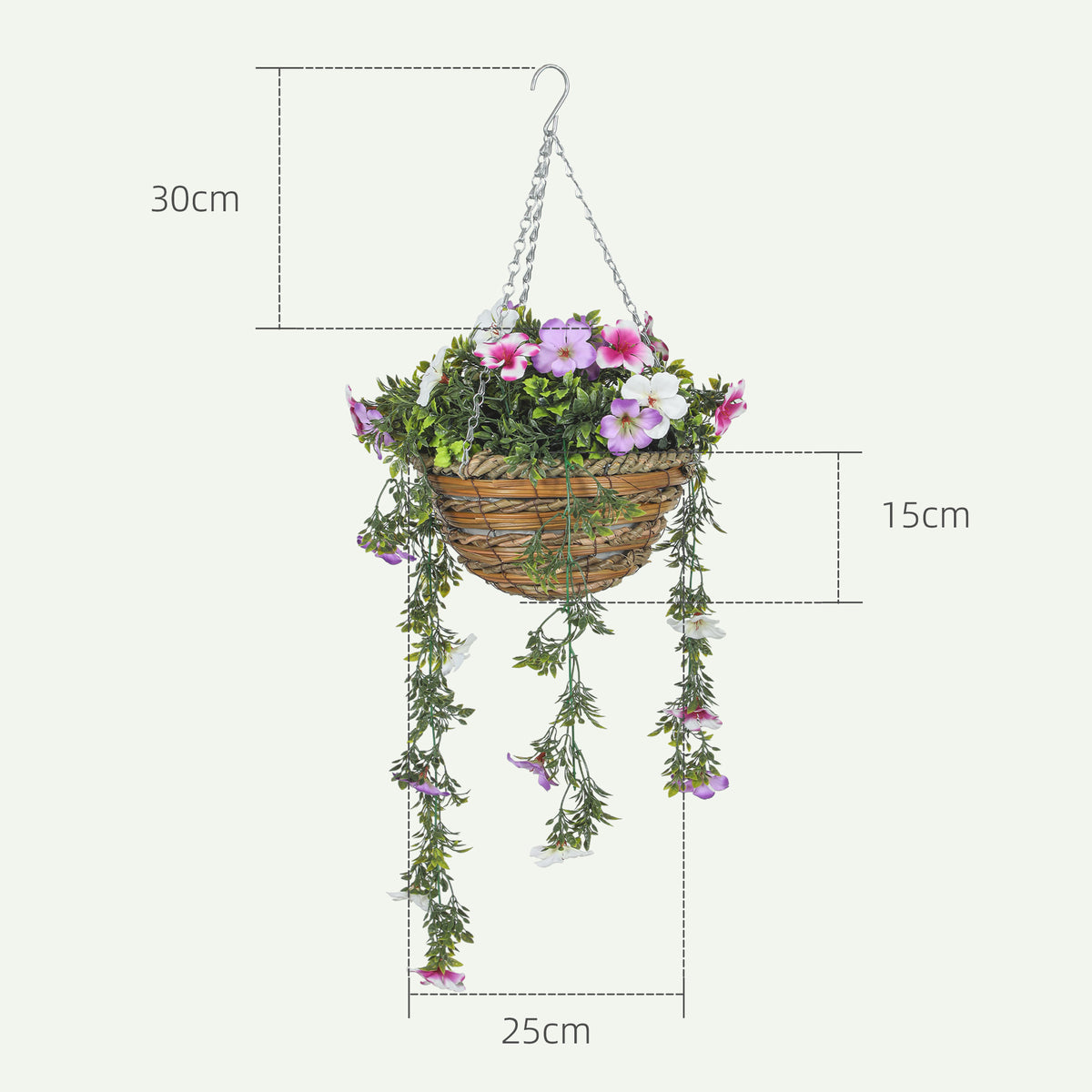 HOMCOM Set of 2 Artificial Silk Azalea Flowers, Hanging Planters with Basket, Faux Plants for Home Indoor Outdoor Decor, Pink and White