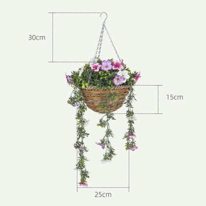 HOMCOM Set of 2 Artificial Silk Azalea Flowers, Hanging Planters with Basket, Faux Plants for Home Indoor Outdoor Decor, Pink and White