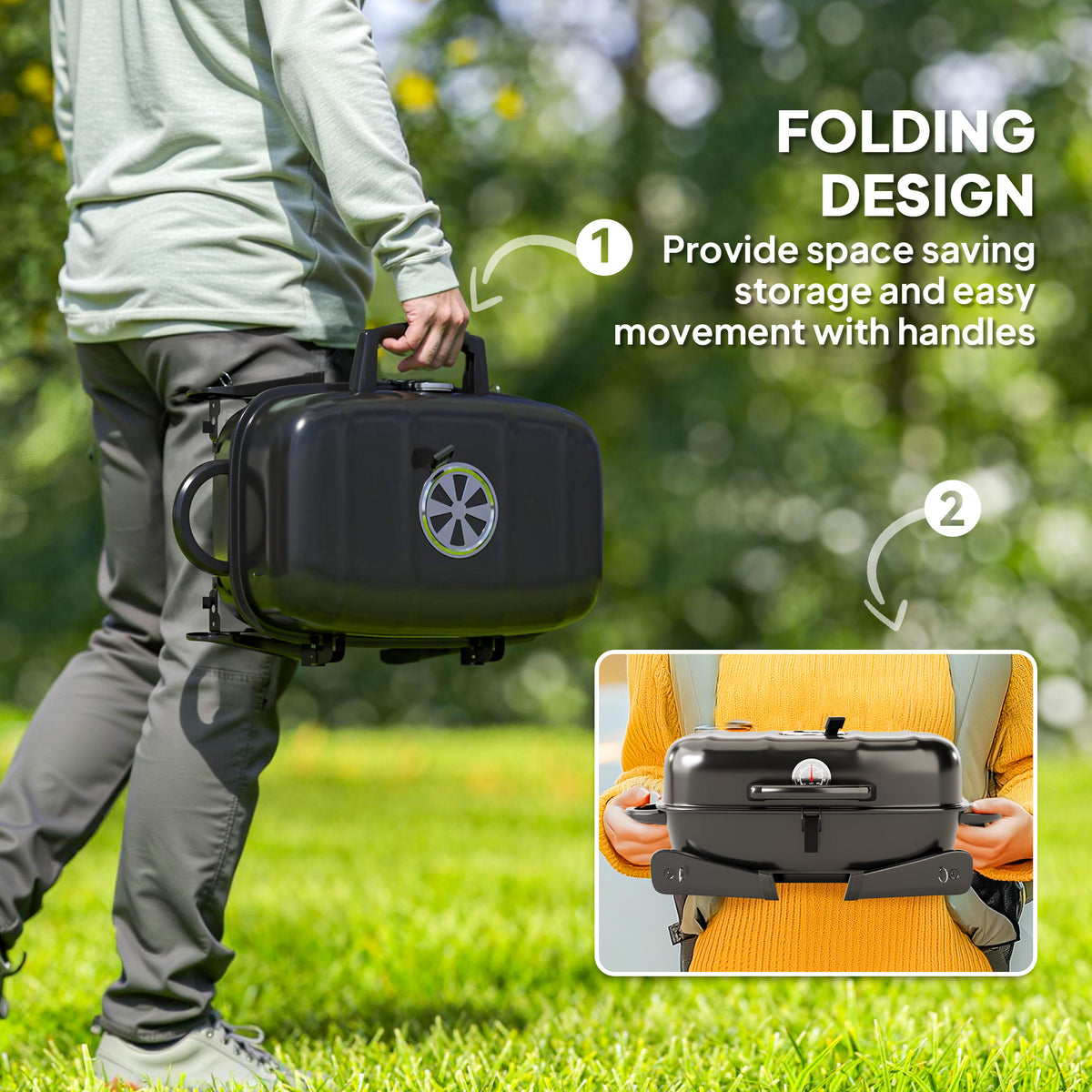 Outsunny Charcoal Barbecue Grill Folding Portable BBQ Grill for Camping with 1232 cm² Cooking Area, Adjustable Vent, Thermometer, Handles for Picnic, 59 x 37 x 36 cm, Black