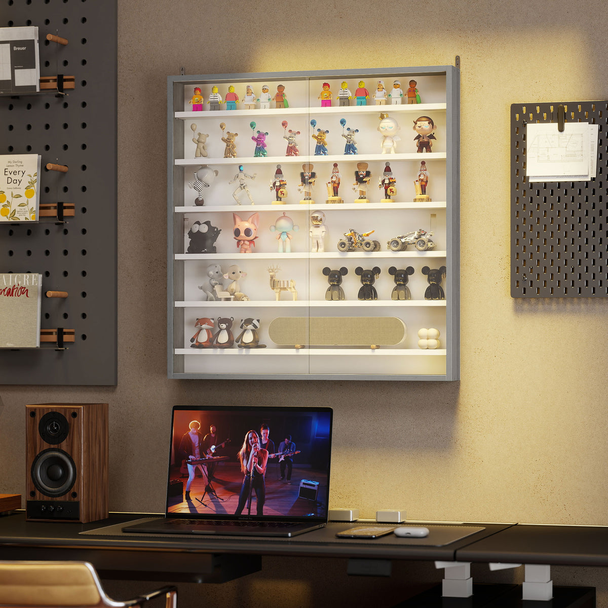 HOMCOM Six Shelf Display Cabinet, with Glass Doors - Graphite Wood Effect