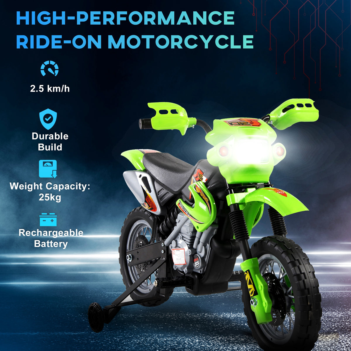 HOMCOM Kids Electric Motorbike, 6V Battery Powered Ride on Motorcycle with Training Wheels, Start-up Button, Pedal, Gift for Boys and Girls Ages 3-6 Years, Green