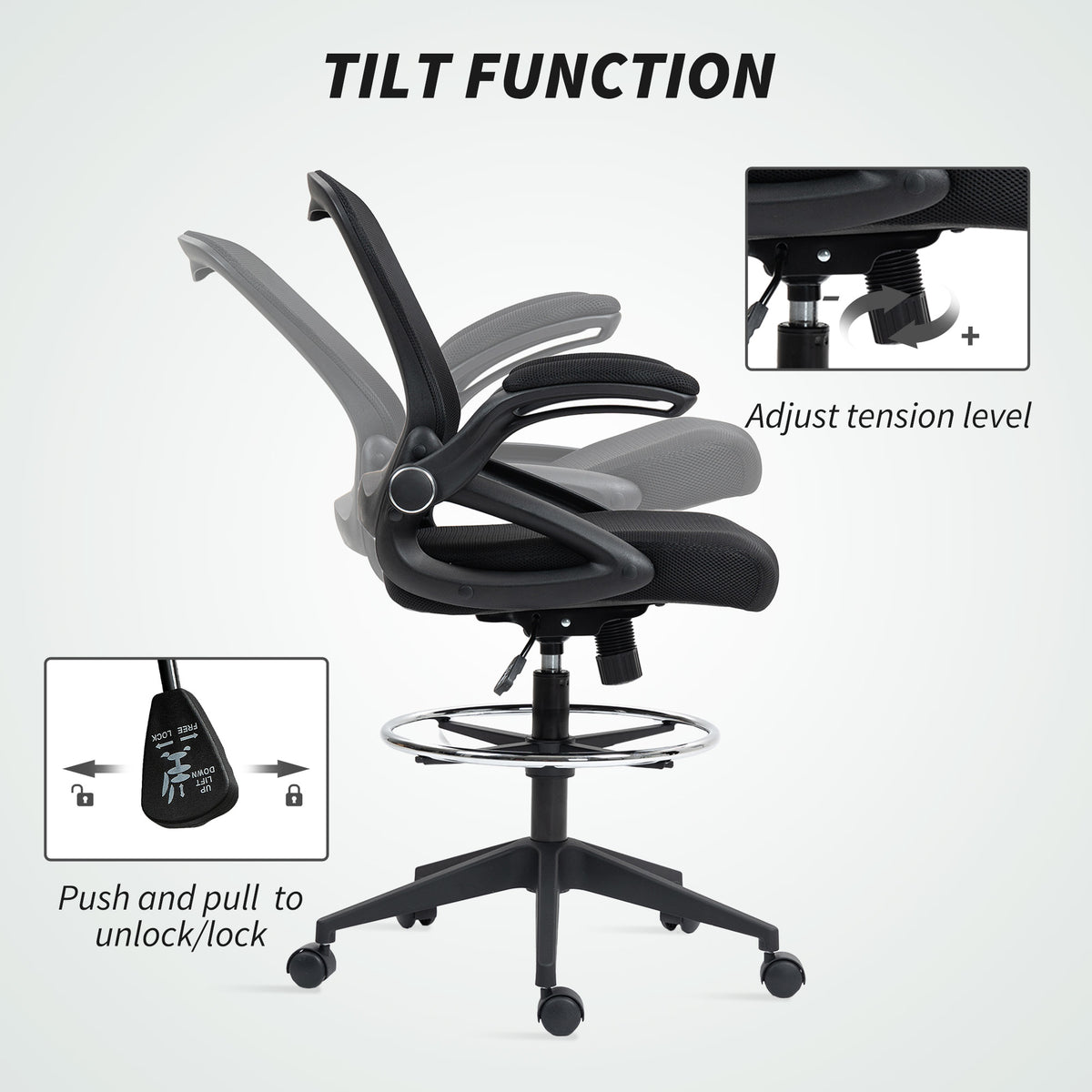 Vinsetto Drafting Chair with Flip-up Armrest, Mesh Office Stool with Foot Ring, 360 Degree Swivel Height Adjustable Chair for Standing Desk, Black