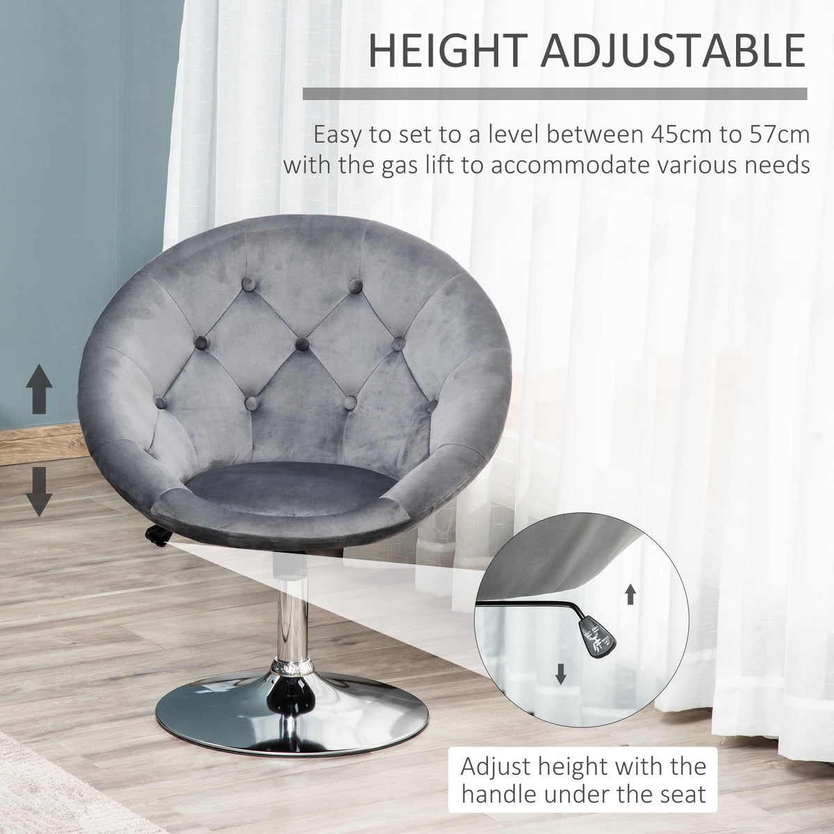 HOMCOM Swivel Dressing Stool, Velvet-feel Upholstered Vanity Chair, Adjustable Height Tub Makeup Chair with Button Tufting and Thick Padding for Bedroom, Grey