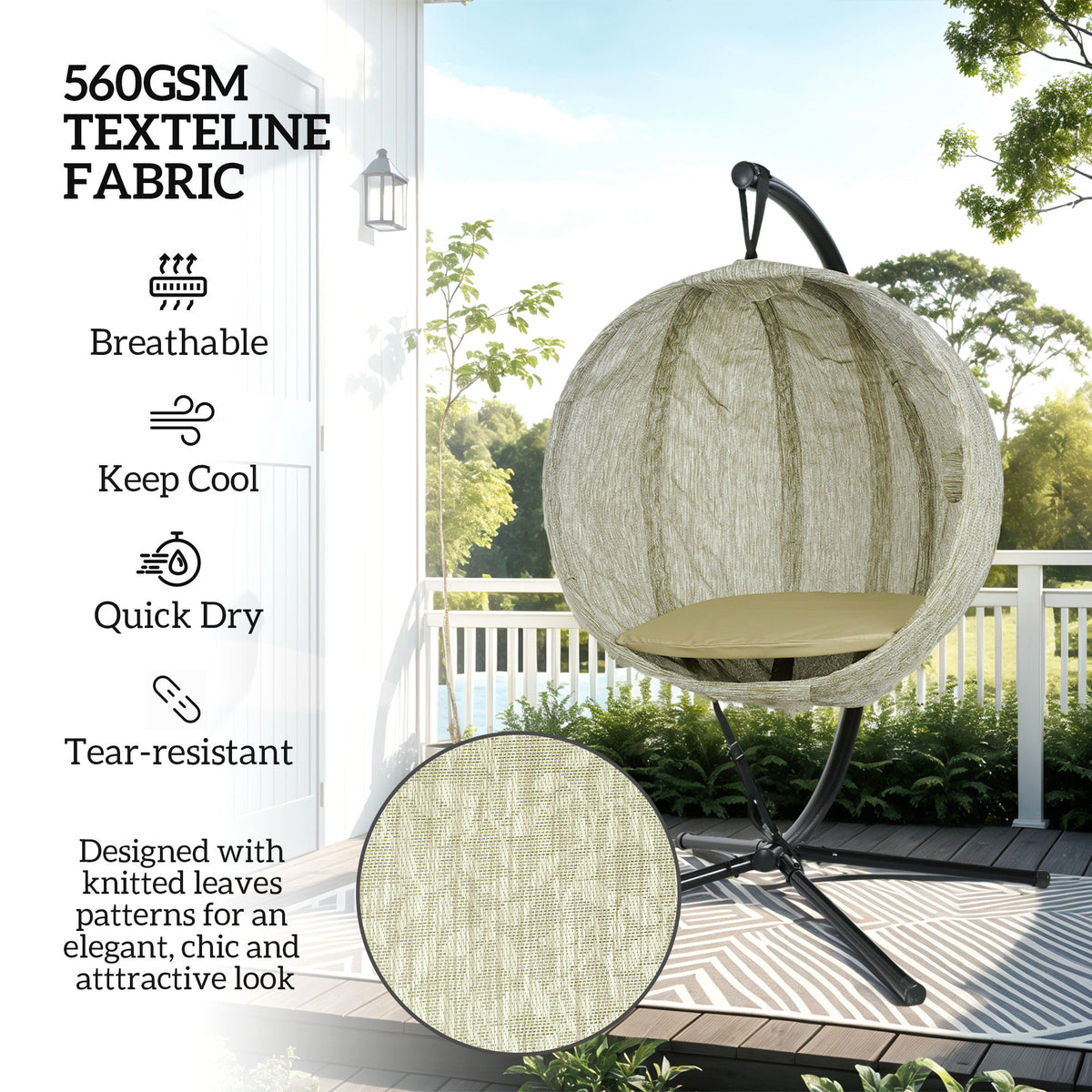 Outsunny Hanging Egg Chair Outdoor Indoor Garden Swing Chair with Folding Basket, Thickened Cushion, Cup Holder for Patio, Balcony, Khaki
