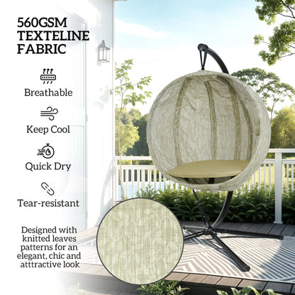 Outsunny Hanging Egg Chair Outdoor Indoor Garden Swing Chair with Folding Basket, Thickened Cushion, Cup Holder for Patio, Balcony, Khaki