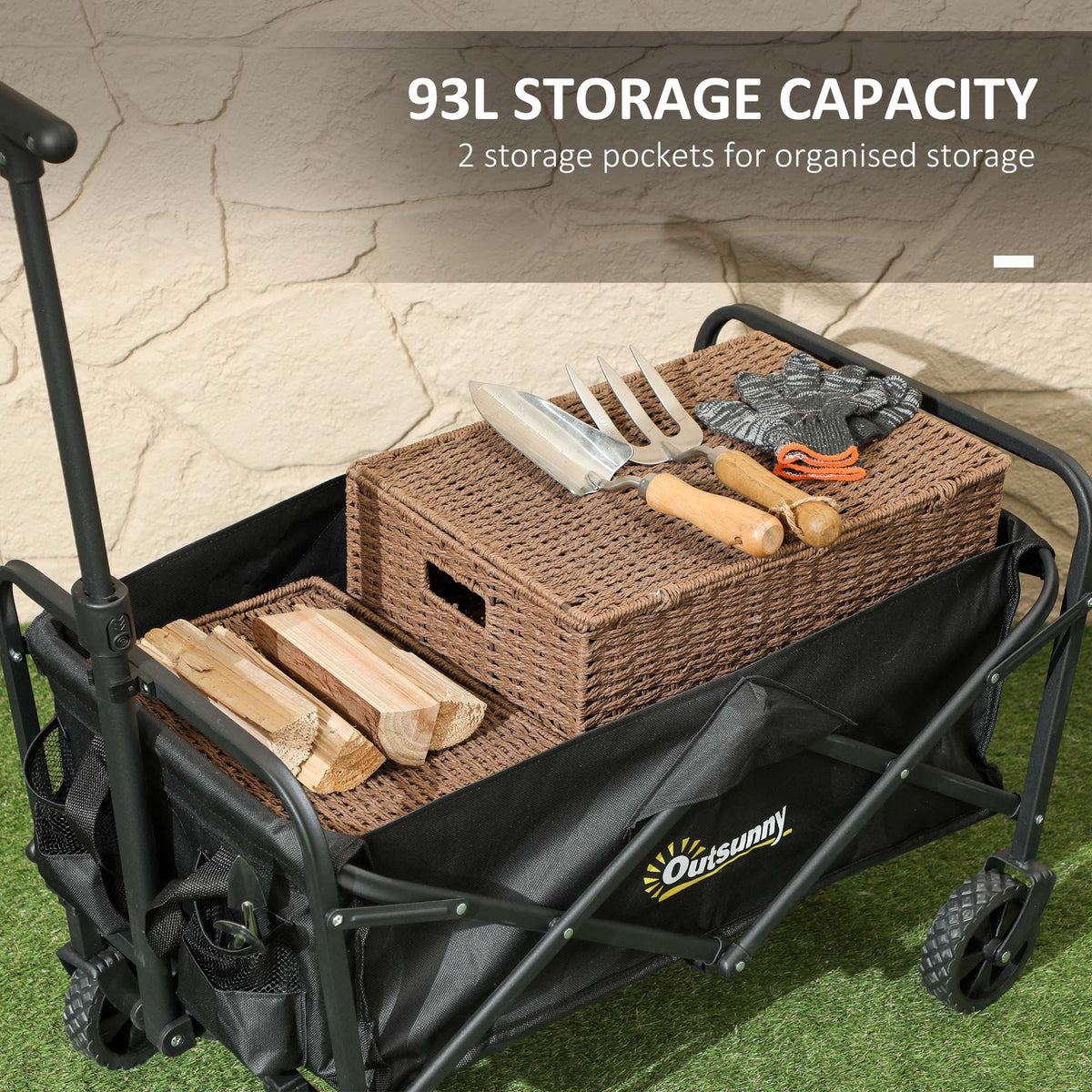 Outsunny 93L Festival Trolley on Wheels, Garden Folding Trolley Cart, 100kg Heavy Duty Collapsible Folding Wagon with Adjustable Handle and Carrying Bag for Beach, Camping, Festival, Black