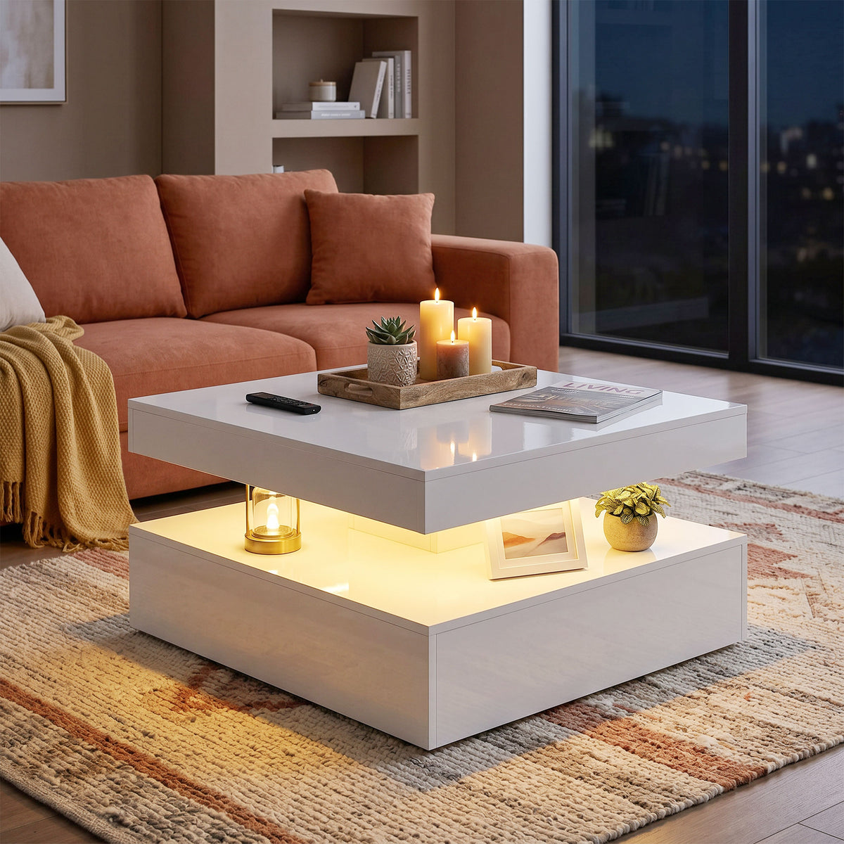 HOMCOM LED Coffee Table with Storage, 2-Tier Modern Centre Table with Open Shelf and Remote for Living Room, High Gloss White