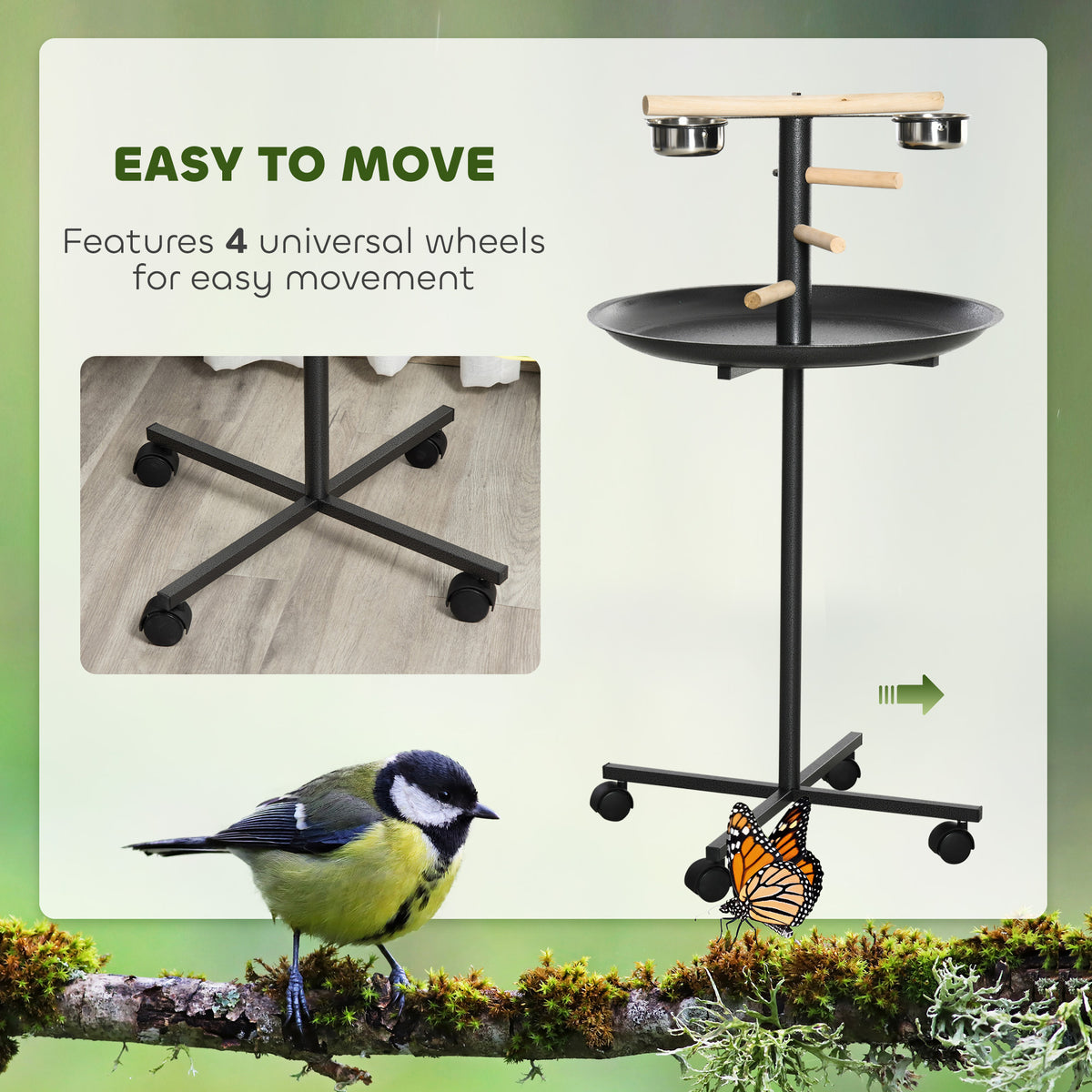 PawHut Parrot Perch Stand, Large Bird Play Stand, Metal Bird Table Feeder Station with Stainless Steel Bowls, Four Wheels, Round Tray, Black