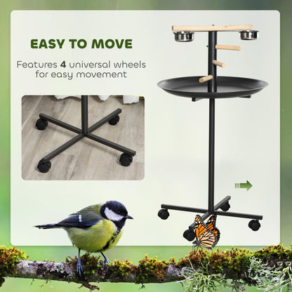 PawHut Parrot Perch Stand, Large Bird Play Stand, Metal Bird Table Feeder Station with Stainless Steel Bowls, Four Wheels, Round Tray, Black