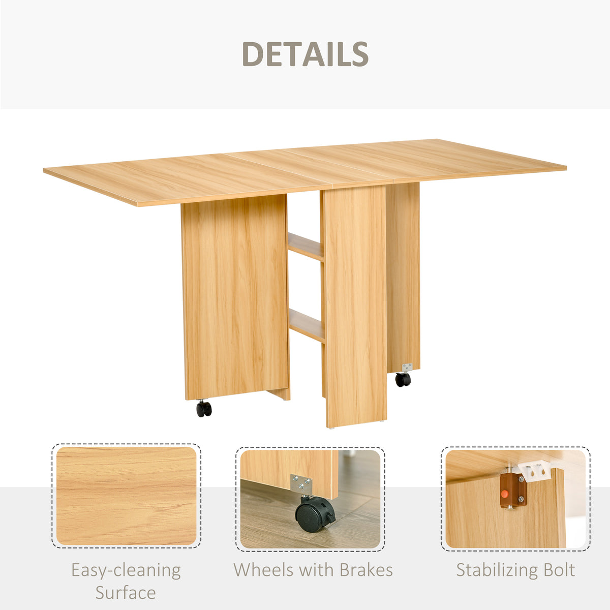 HOMCOM Folding Dining Table, Drop Leaf Table for Small Spaces, Foldable Rectangular Tabletop with Storage Shelves for Kitchen, Dining Room, Teak