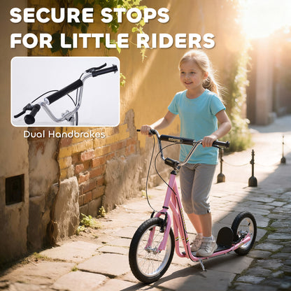 HOMCOM Kids Scooter, Teen Kick Scooter with Rubber Wheels, 16" Front Wheel, Height Adjustable Handlebar, Dual Brakes, Kick Stand, for 5+ Years, Pink