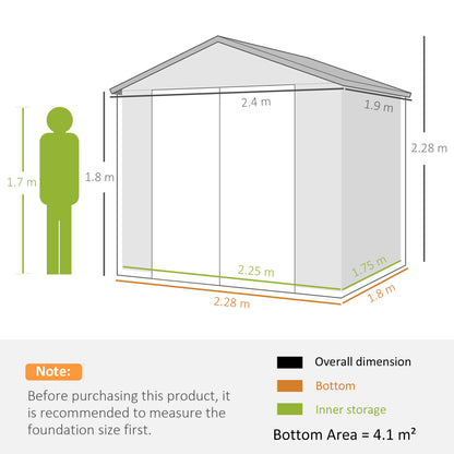 Outsunny 7.9ft x 6.2ft Aluminium Frame Rust Resistance Waterproof Shed, with Galvanised Foundation - Light Grey