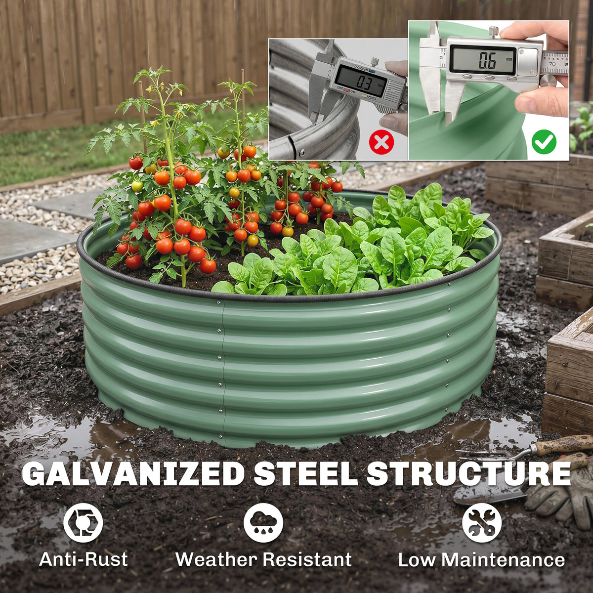 Outsunny Galvanised Raised Garden Bed with Safety Edging, Outdoor Raised Planter Box with Gloves, 120 x 120 x 43cm, Light Green