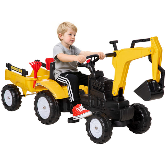 HOMCOM Kids Ride-On Construction Car, with Horn and Detachable Trailer - Yellow