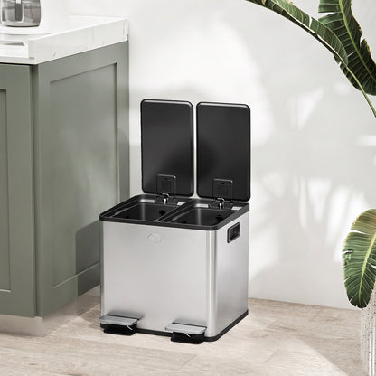 HOMCOM 30L Dual Compartment Stainless Steel Bin, with Deodoriser Holders - Silver Tone