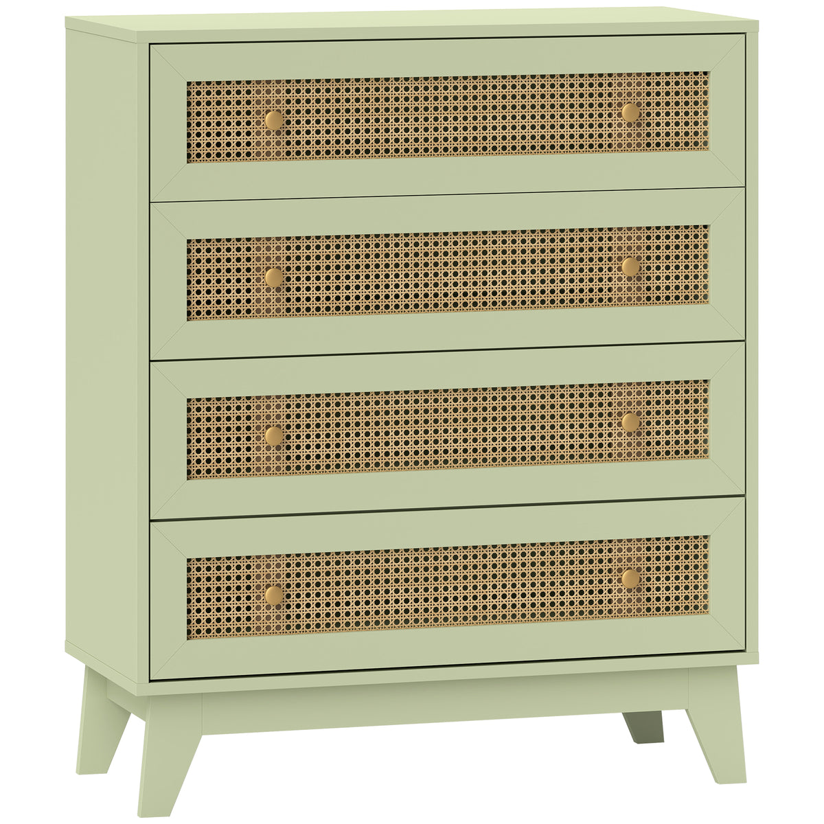 HOMCOM Rattan Chest of Drawers, 4 Drawer Storage Unit with Tapered Legs, Bedroom Storage Organiser Dresser for Bedside, Entryway, Hallway, Living Room, Light Green