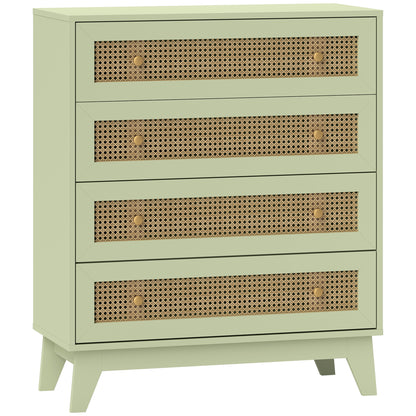 HOMCOM Rattan Chest of Drawers, 4 Drawer Storage Unit with Tapered Legs, Bedroom Storage Organiser Dresser for Bedside, Entryway, Hallway, Living Room, Light Green