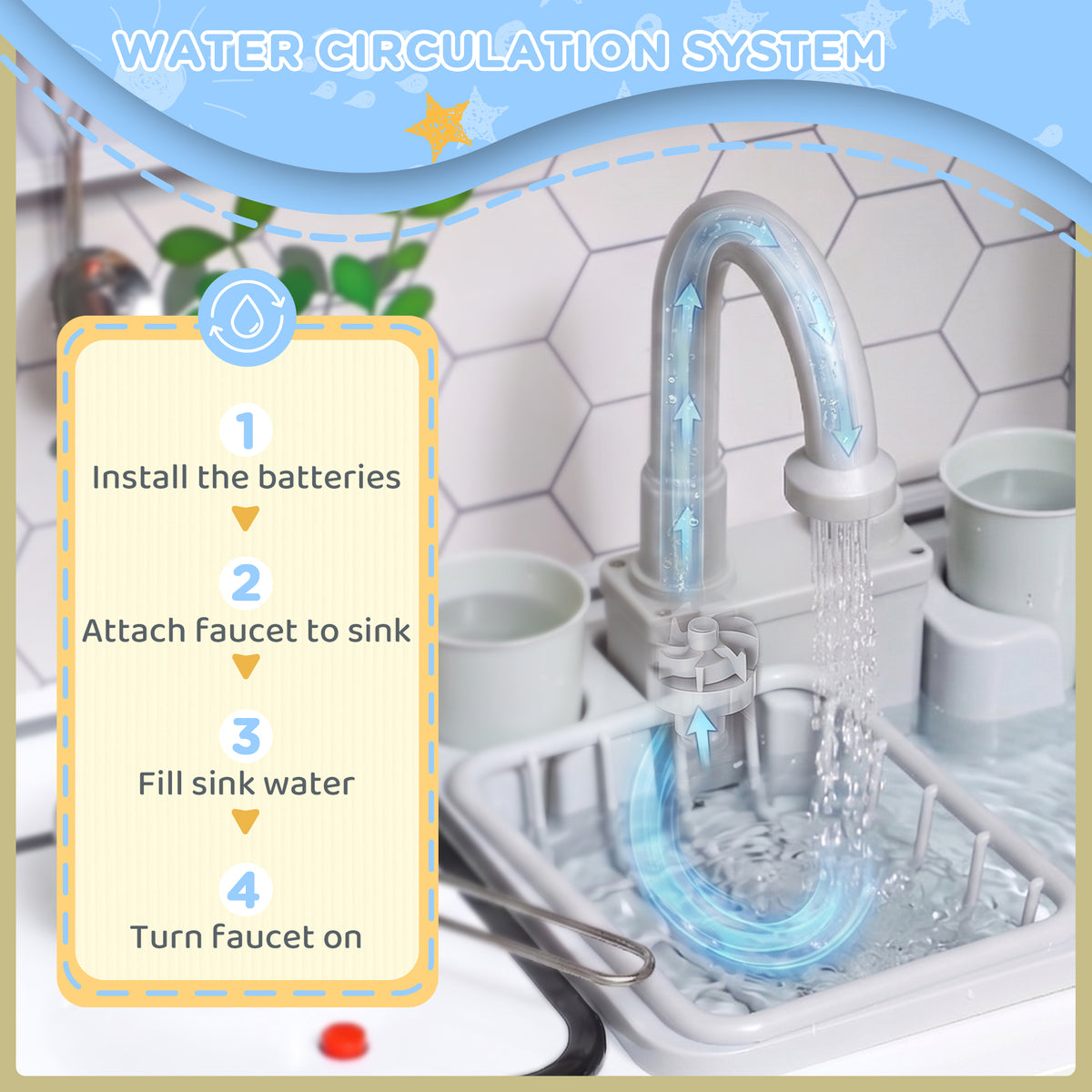 AIYAPLAY Pretend Play Toy Kitchen, Kids Kitchen Playset w/ Sounds, Lights, Running Water, Coffee Maker, Refrigerator