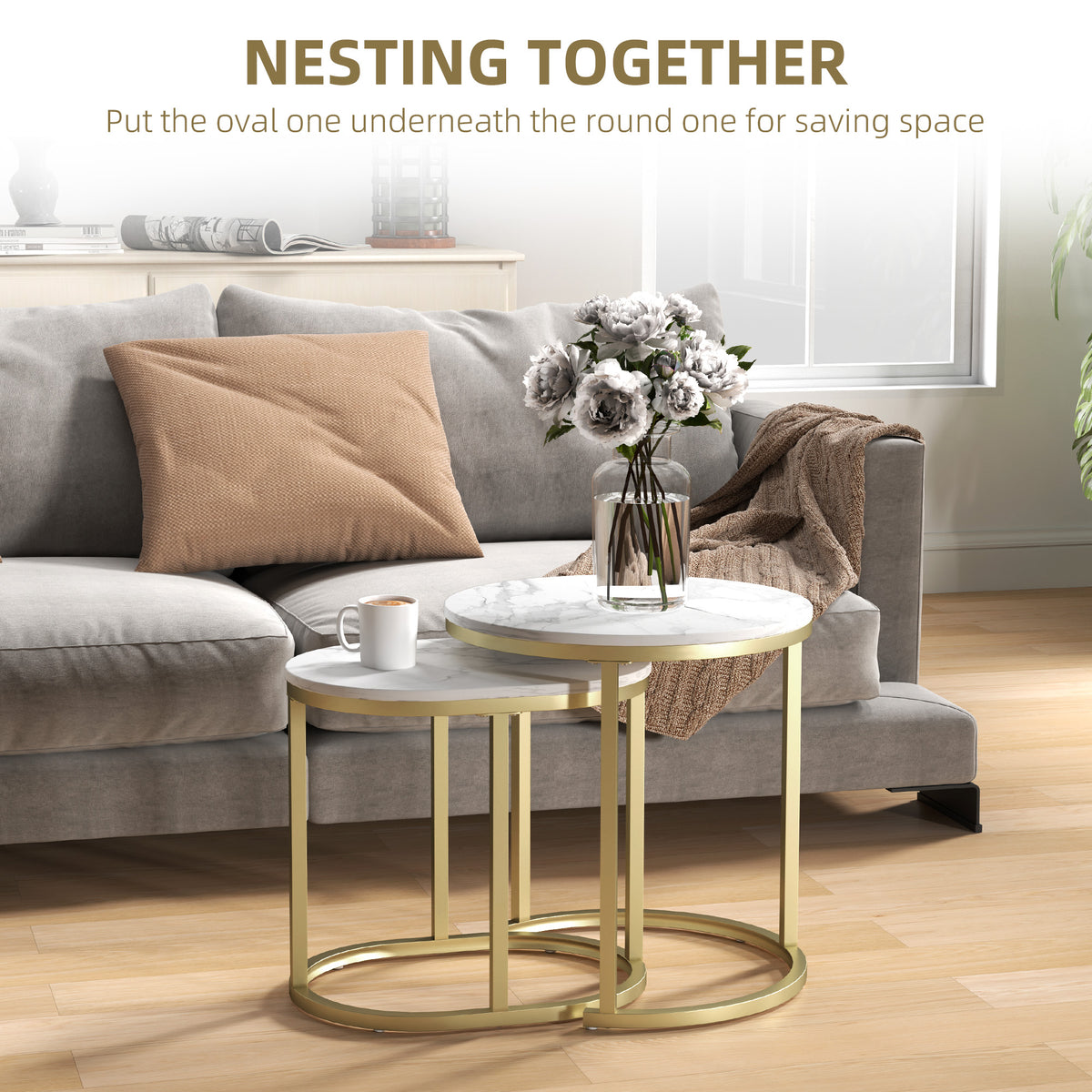 HOMCOM Nest of Tables with Steel Frame and Faux Marble Tabletop, Modern Coffee Table Set of 2, Gold Tone/White