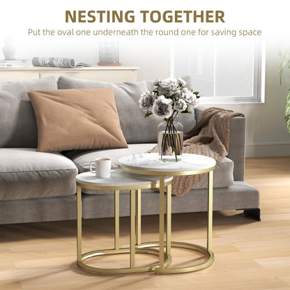 HOMCOM Nest of Tables with Steel Frame and Faux Marble Tabletop, Modern Coffee Table Set of 2, Gold Tone/White