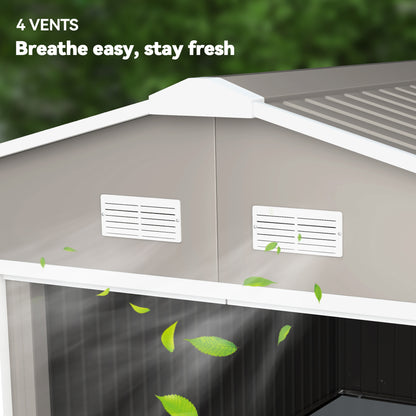 Outsunny 13 x 11ft Large Garden Shed, Mental Garden Storage Shed with Foundation Kit Ventilation & Doors, Light Grey