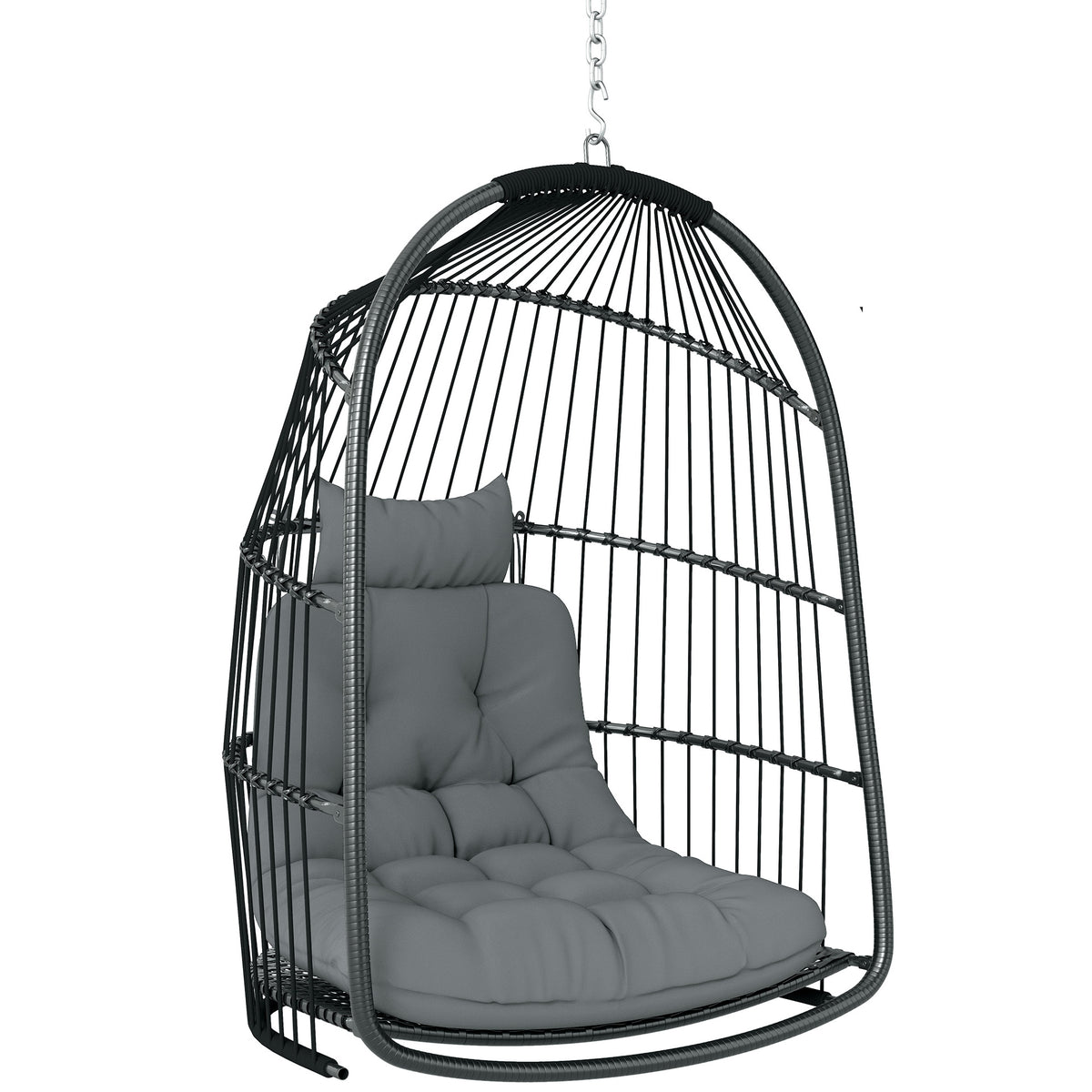 Outsunny Hanging Egg Chair, Foldable Rattan Garden Swing Chair with Installation Kit, Thickened Cushion and Headrest, Indoor Outdoor Hanging Egg Basket Seat for Patio, Porch, Dark Grey