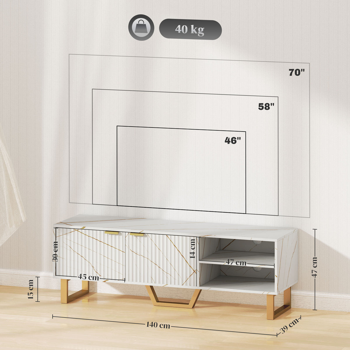 HOMCOM Marble Effect TV Unit, Modern TV Stand Cabinet for up to 70" TVs, with Shelves and Storage Cupboard, Fluted Door, Extra Centre Leg, Cable Management for Living Room, White