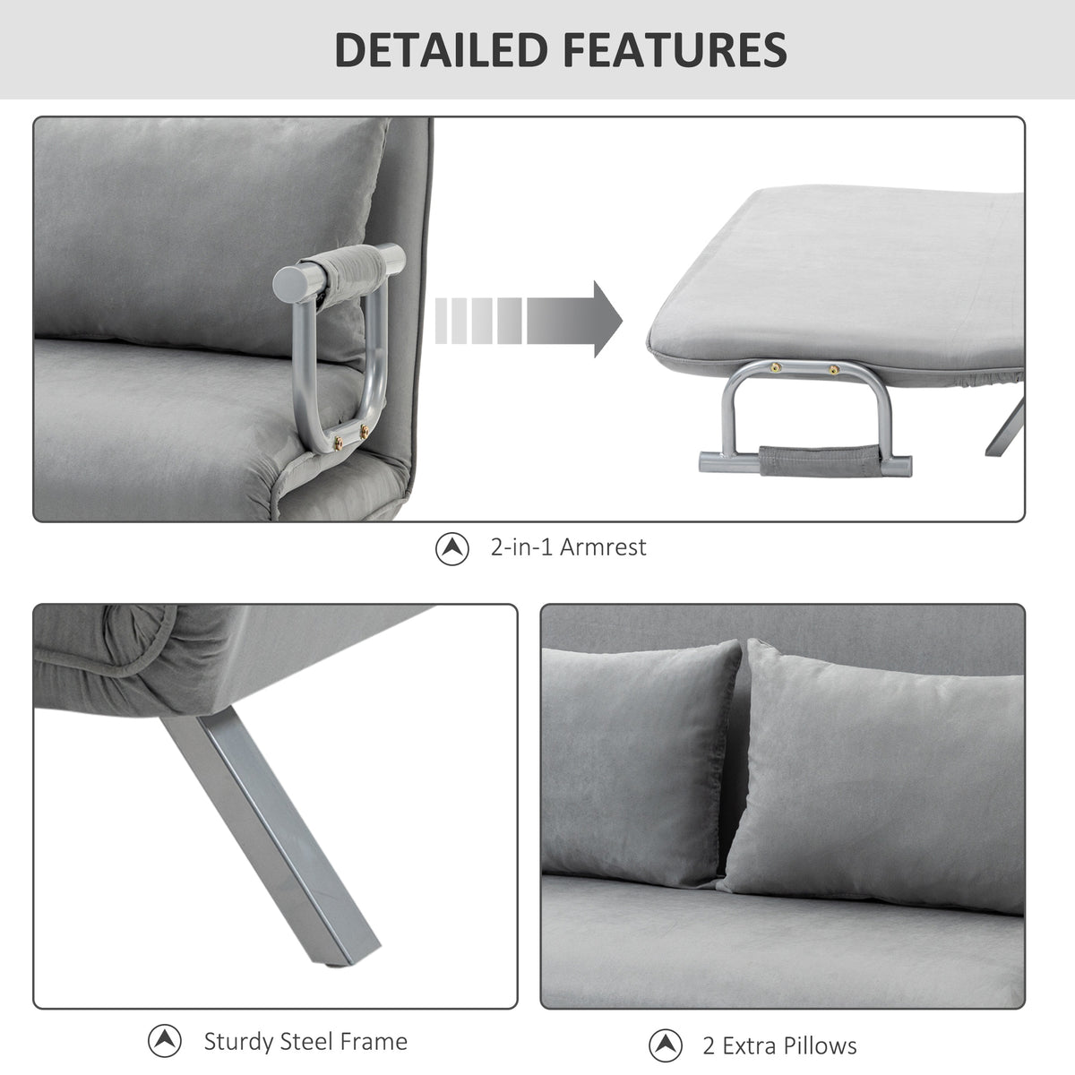 HOMCOM Two-Seater Click-Clack Sofa Bed with Pillows - Light Grey
