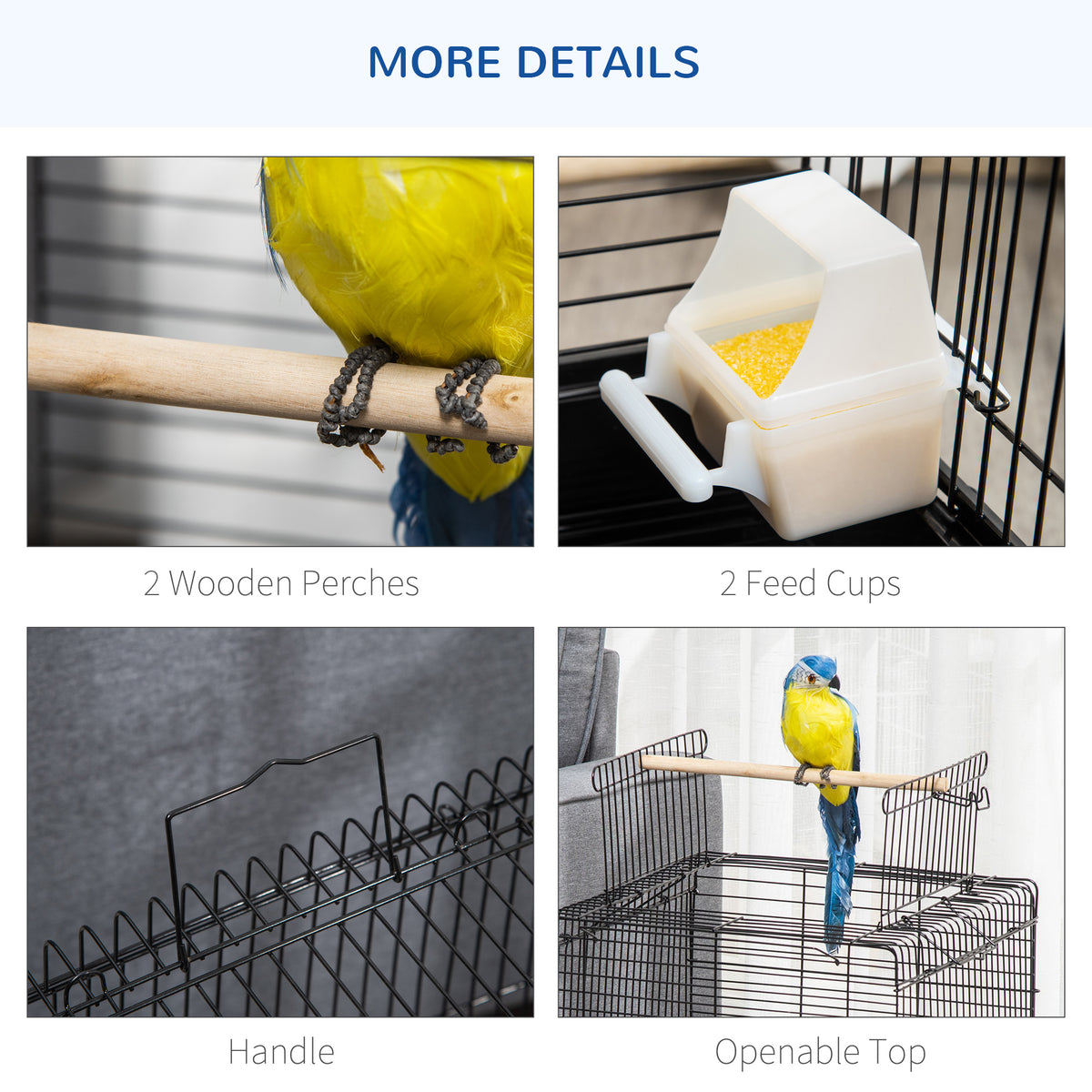 PawHut Steel Bird Cage with Openable Top, Stand, Tray, Handles, Feeding Bowls for Parakeet Cockatiel - Black
