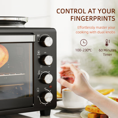 HOMCOM 28L Toaster Oven with Double Hotplate, 1600W Countertop MIni Oven with 60 Minute Timer & 230°C Temp Control, Baking Tray & Wire Rack, Black